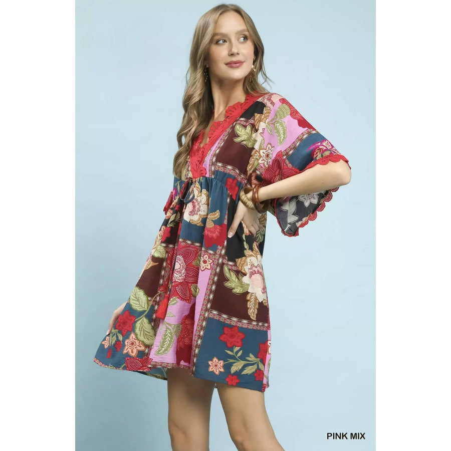 Umgee Abstract Print V-Neck Mini Dress Apparel and Accessories
