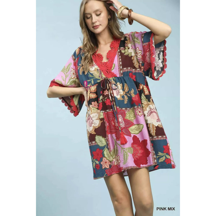 Umgee Abstract Print V-Neck Mini Dress PINK MIX / S Apparel and Accessories