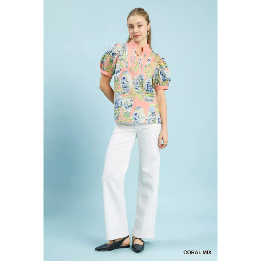 Umgee Abstract Print V-Neck Top Apparel and Accessories