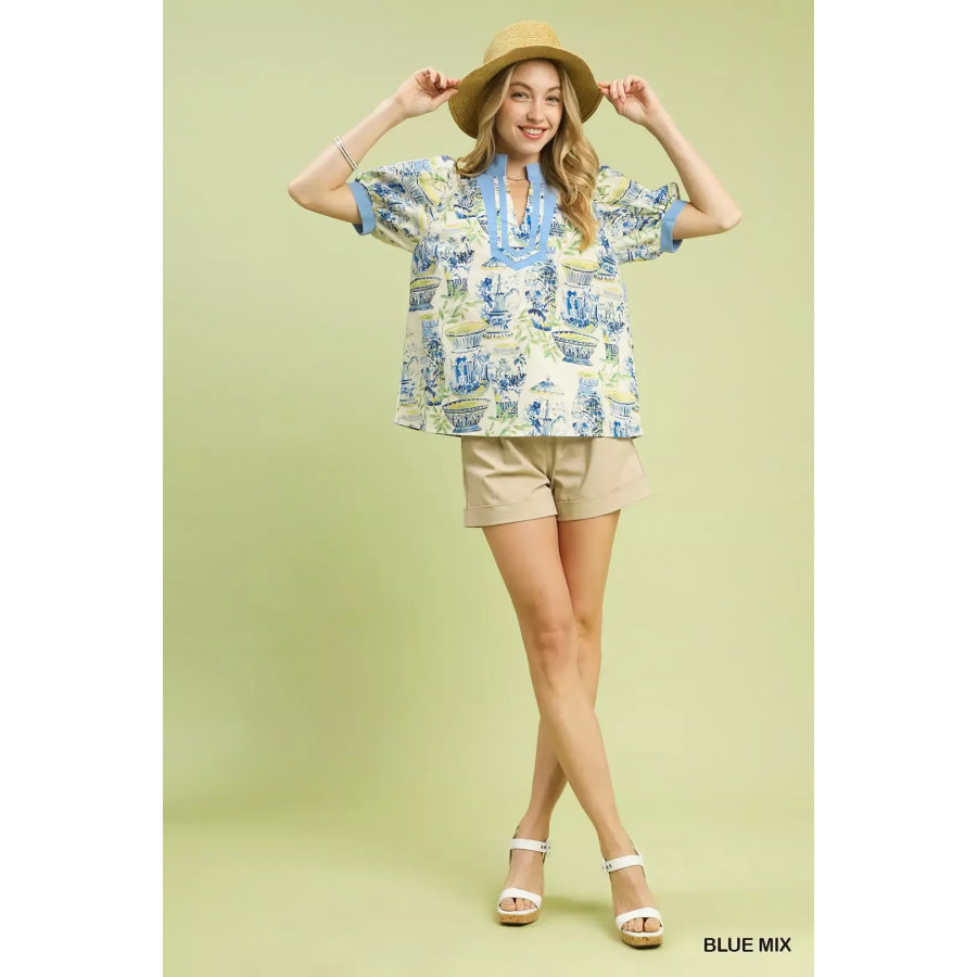 Umgee Abstract Print V-Neck Top Apparel and Accessories