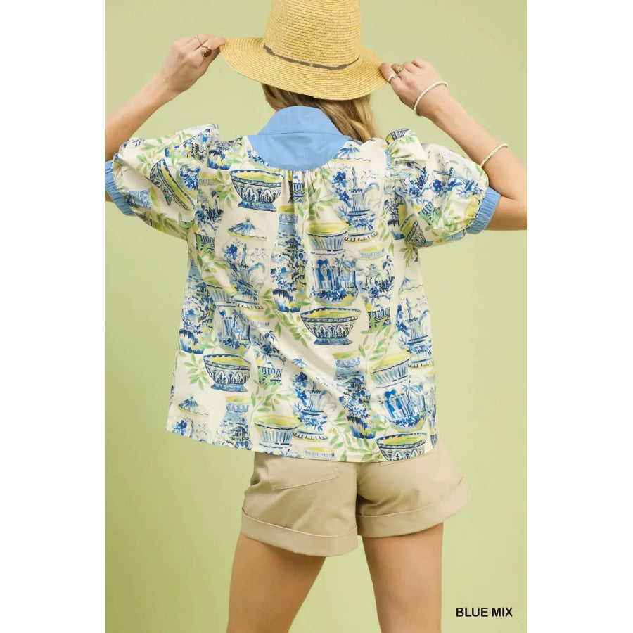 Umgee Abstract Print V-Neck Top Apparel and Accessories