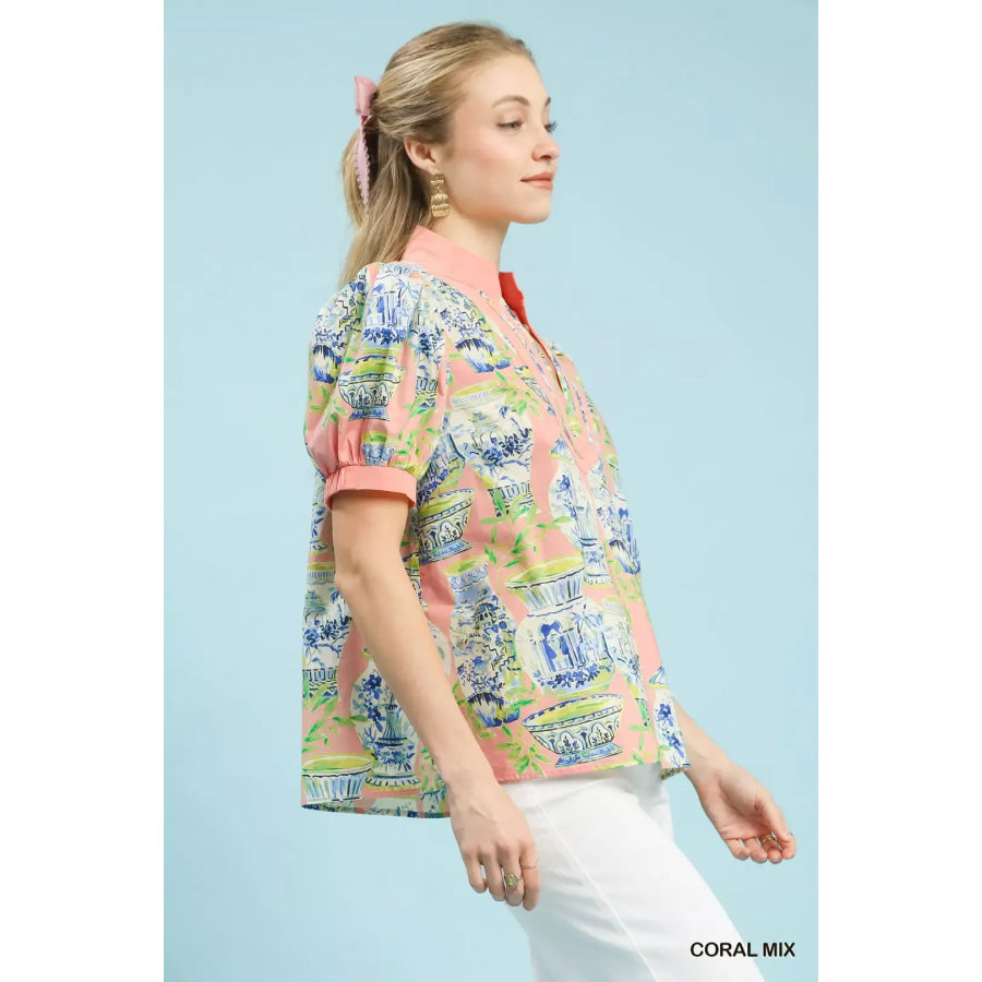 Umgee Abstract Print V-Neck Top CORAL MIX / S Apparel and Accessories