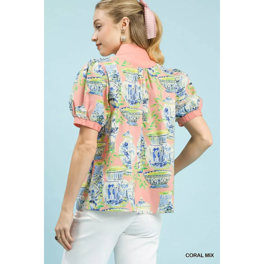 Umgee Abstract Print V-Neck Top Apparel and Accessories