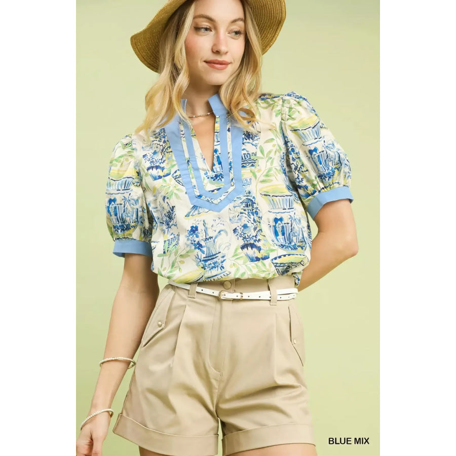 Umgee Abstract Print V-Neck Top BLUE MIX / S Apparel and Accessories