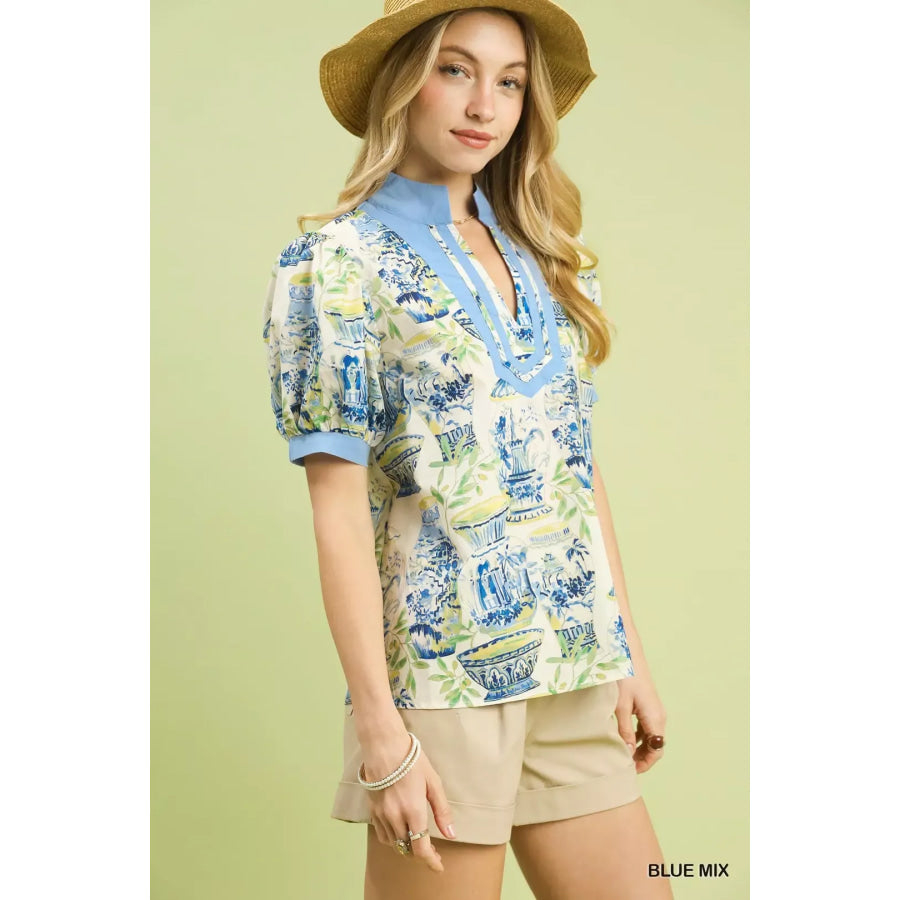 Umgee Abstract Print V-Neck Top Apparel and Accessories