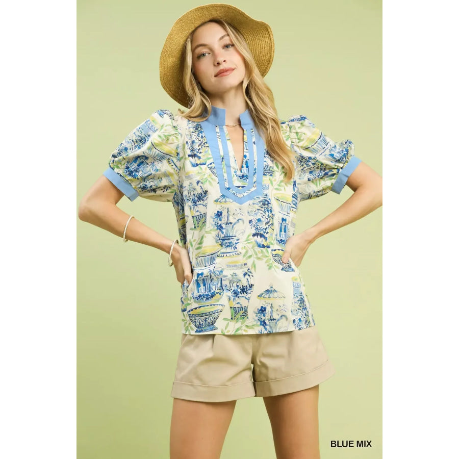Umgee Abstract Print V-Neck Top BLUE MIX / S Apparel and Accessories