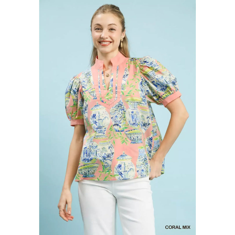 Umgee Abstract Print V-Neck Top CORAL MIX / S Apparel and Accessories