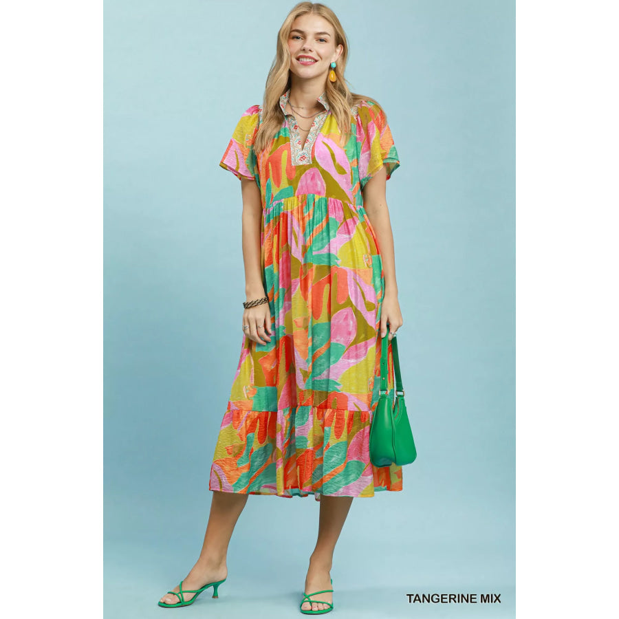 Umgee Abstract Tropical Print Tiered Midi Dress Apparel and Accessories
