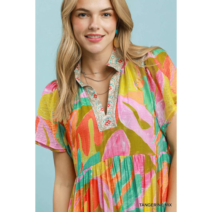 Umgee Abstract Tropical Print Tiered Midi Dress Apparel and Accessories