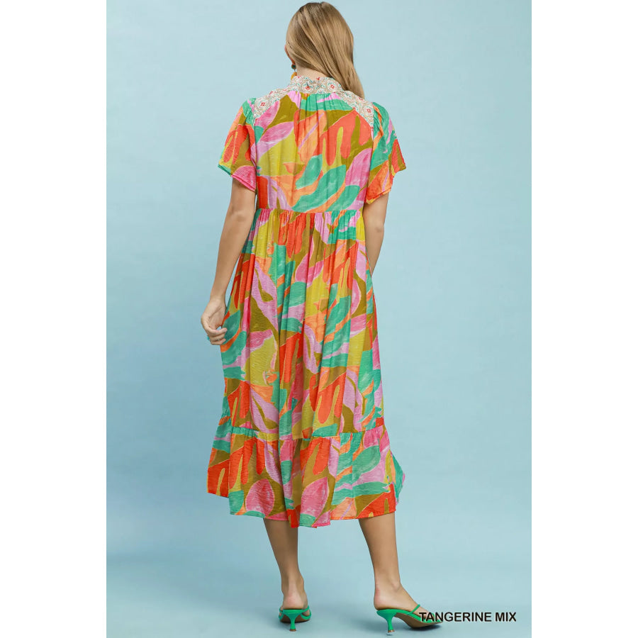 Umgee Abstract Tropical Print Tiered Midi Dress Apparel and Accessories