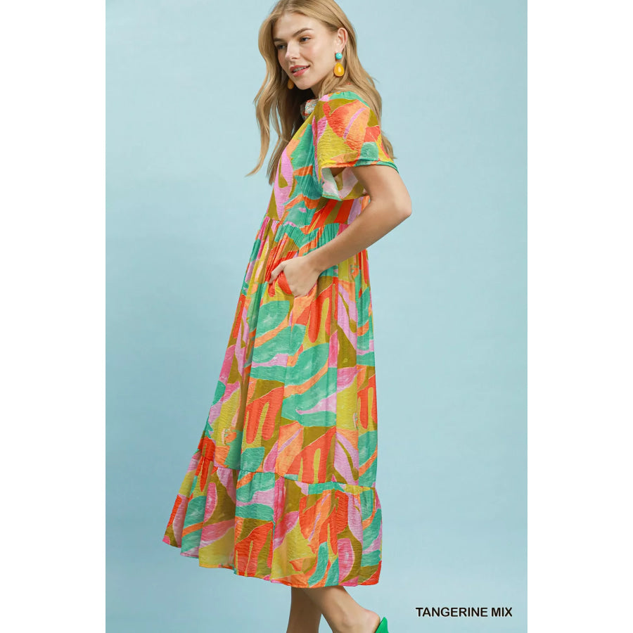 Umgee Abstract Tropical Print Tiered Midi Dress Apparel and Accessories