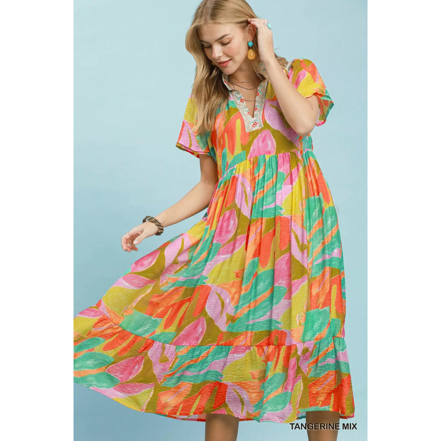 Umgee Abstract Tropical Print Tiered Midi Dress TANGERINE MIX / S Apparel and Accessories