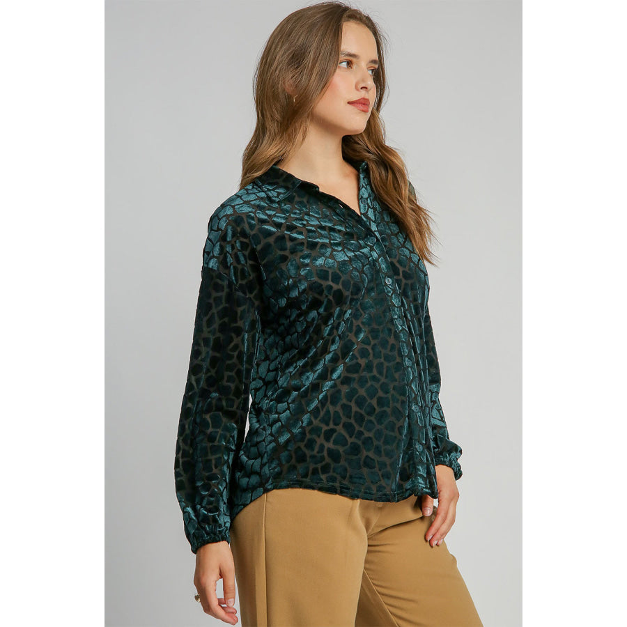 Umgee Animal Print Button Up Velvet Shirt Apparel and Accessories