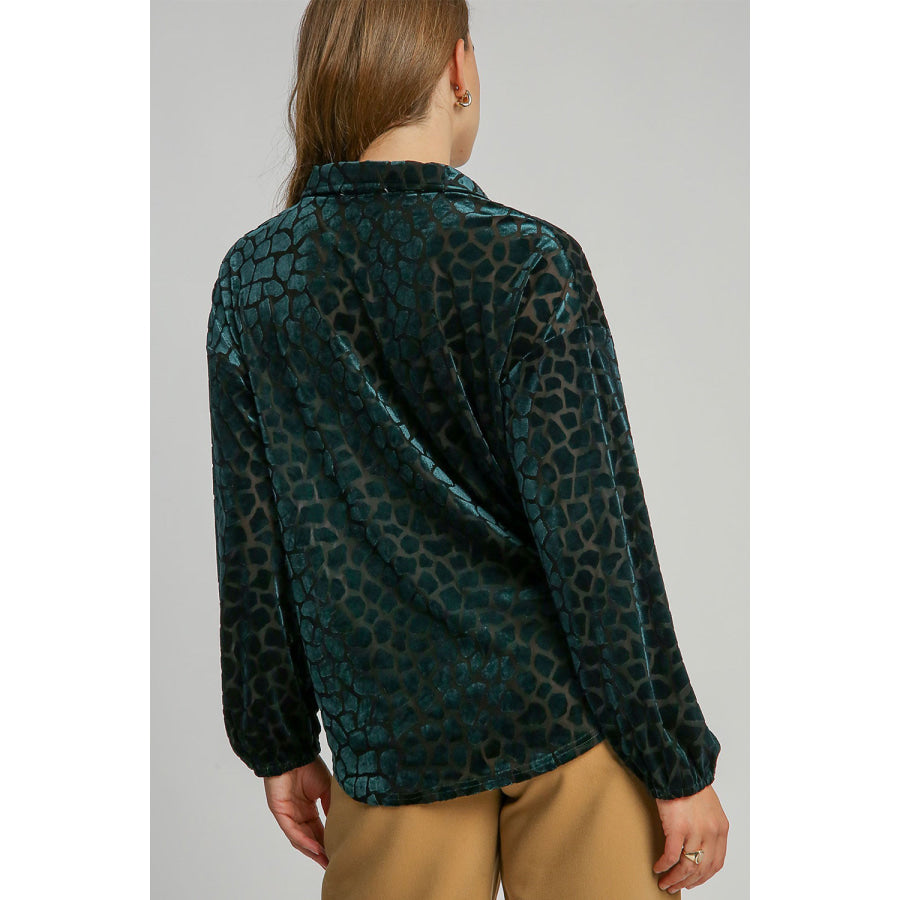 Umgee Animal Print Button Up Velvet Shirt Hunter Green / S Apparel and Accessories