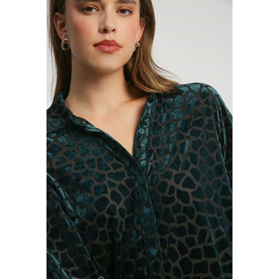 Umgee Animal Print Button Up Velvet Shirt Apparel and Accessories