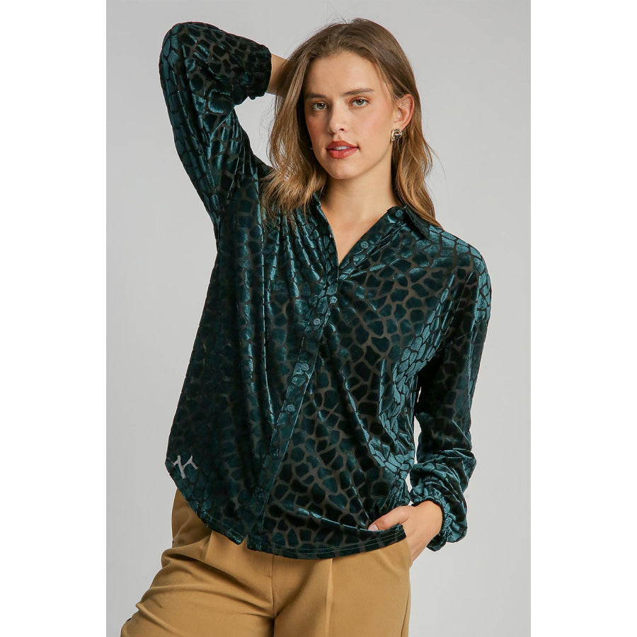 Umgee Animal Print Button Up Velvet Shirt Hunter Green / S Apparel and Accessories