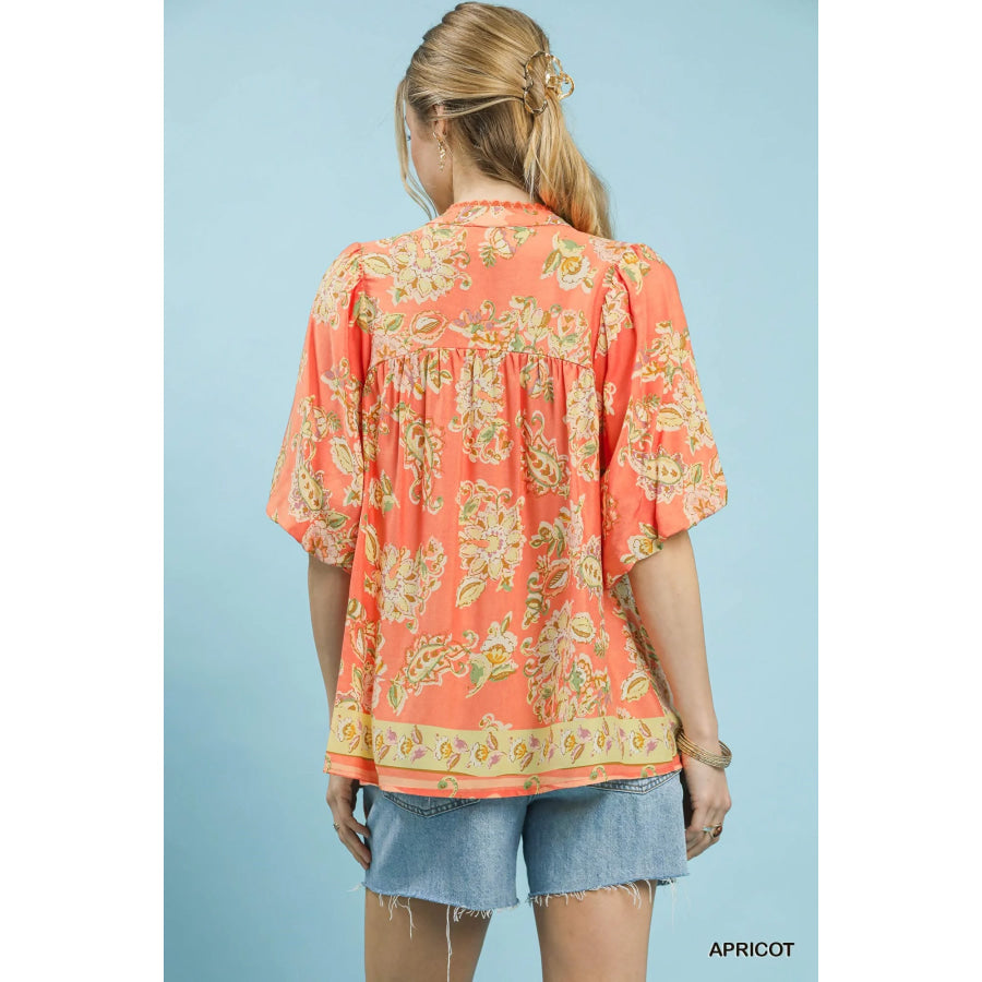 Umgee Apricot Floral Boho Blouse Apparel and Accessories