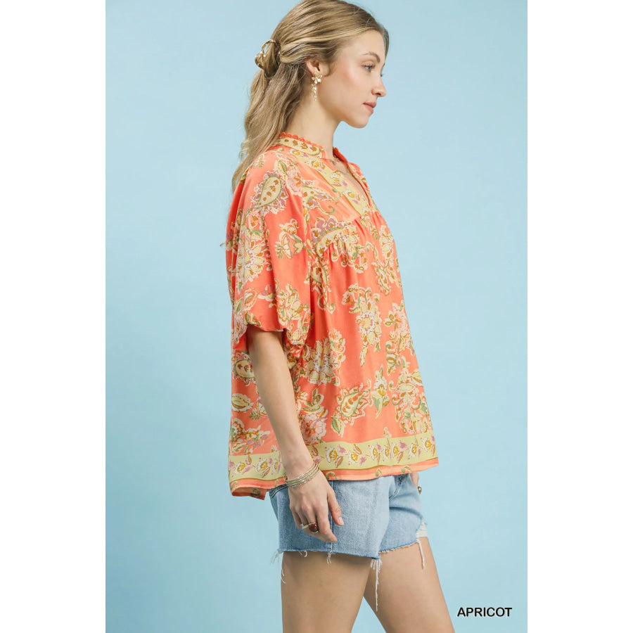 Umgee Apricot Floral Boho Blouse APRICOT / S Apparel and Accessories