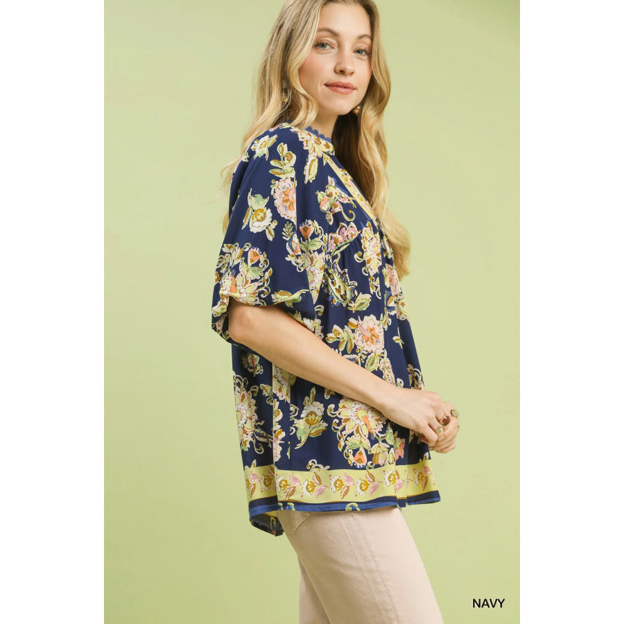 Umgee Apricot Floral Boho Blouse Apparel and Accessories