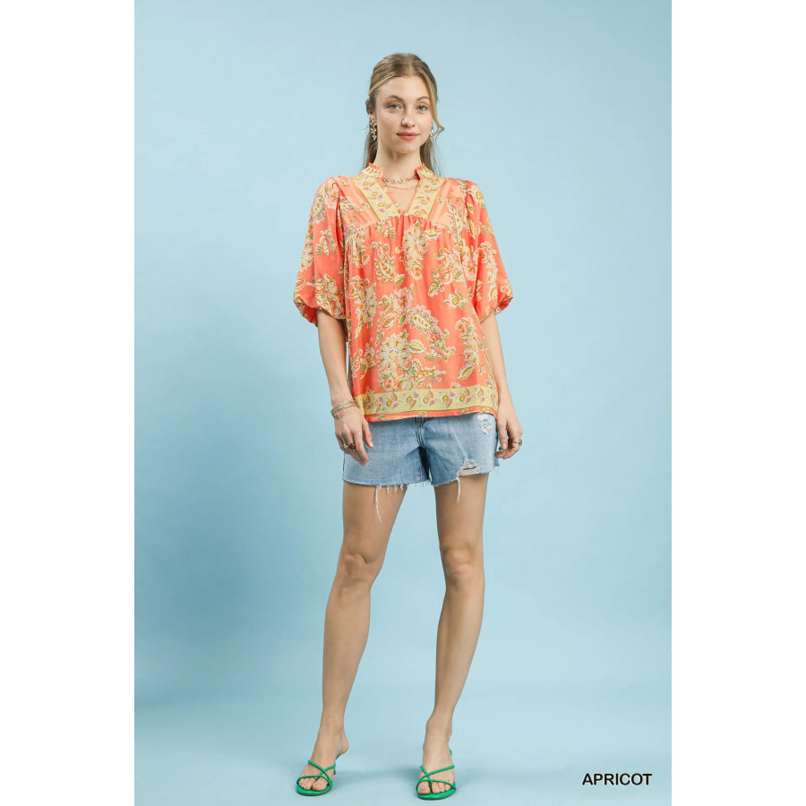 Umgee Apricot Floral Boho Blouse Apparel and Accessories