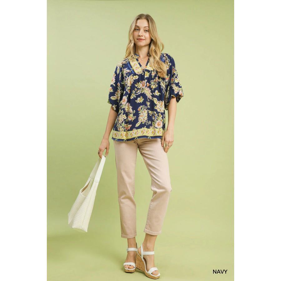 Umgee Apricot Floral Boho Blouse Apparel and Accessories