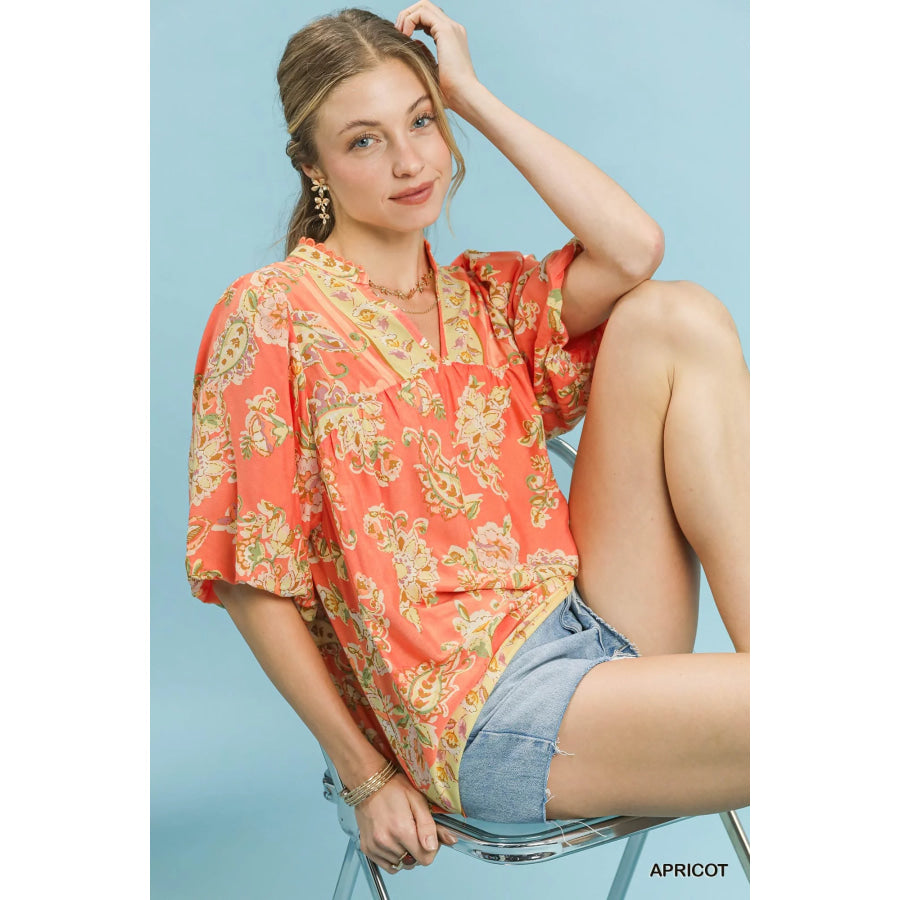 Umgee Apricot Floral Boho Blouse Apparel and Accessories