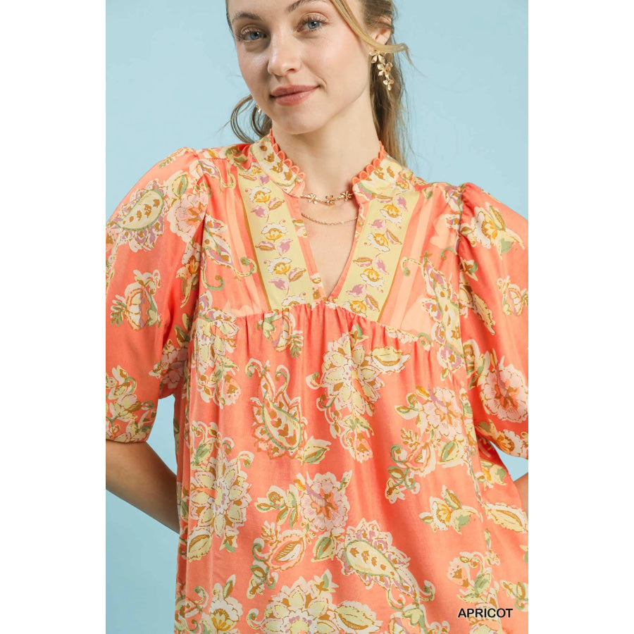 Umgee Apricot Floral Boho Blouse Apparel and Accessories