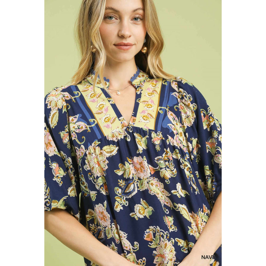 Umgee Apricot Floral Boho Blouse Apparel and Accessories