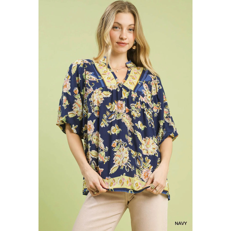 Umgee Apricot Floral Boho Blouse NAVY / S Apparel and Accessories