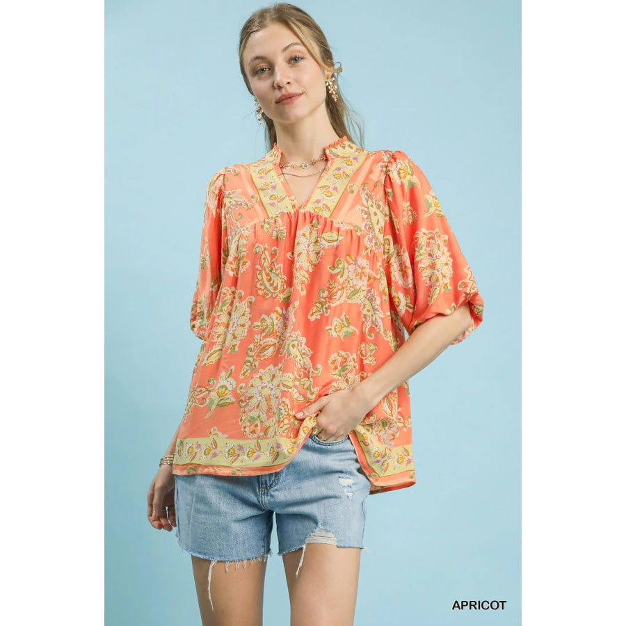 Umgee Apricot Floral Boho Blouse APRICOT / S Apparel and Accessories