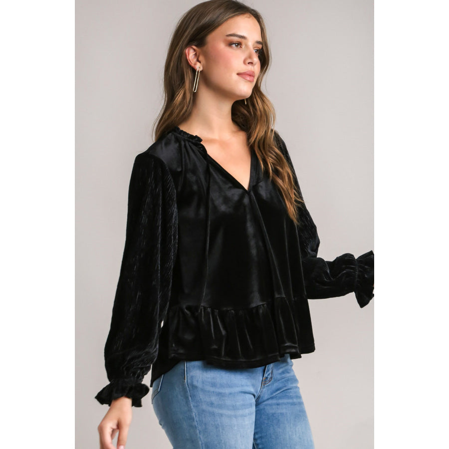 Umgee Babydoll Tie Neck Flounce Sleeve Blouse Apparel and Accessories