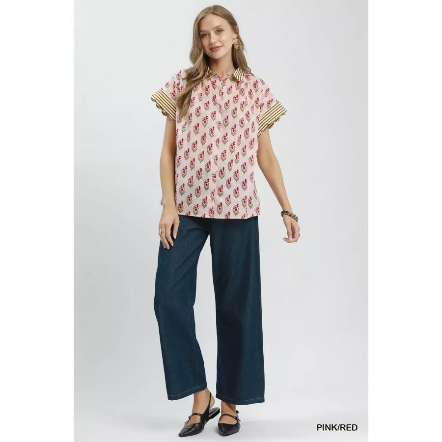 Umgee Block Print Button-Front Shirt with Contrast Stripe Point Collar Apparel and Accessories