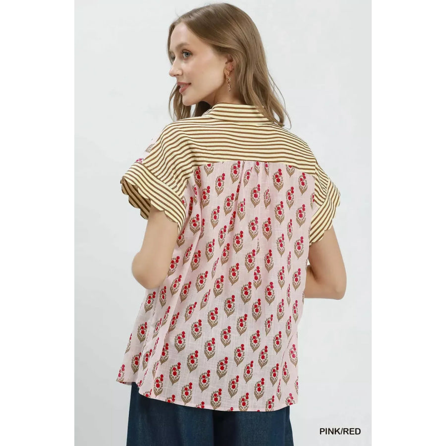 Umgee Block Print Button-Front Shirt with Contrast Stripe Point Collar Apparel and Accessories