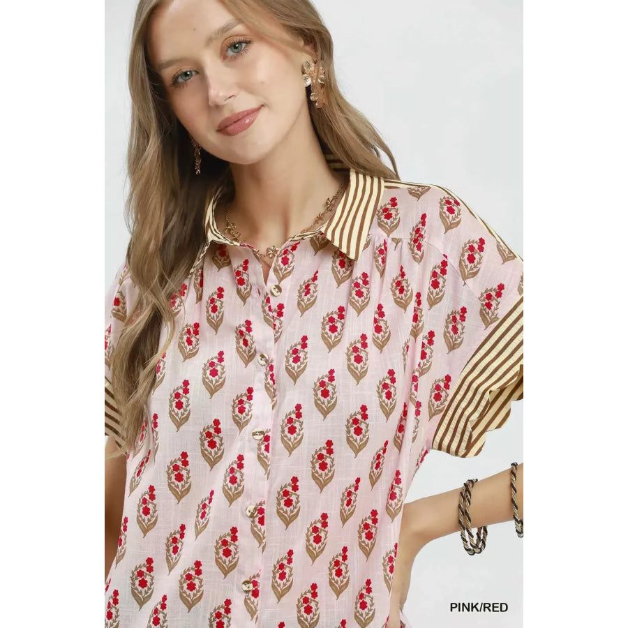 Umgee Block Print Button-Front Shirt with Contrast Stripe Point Collar Apparel and Accessories