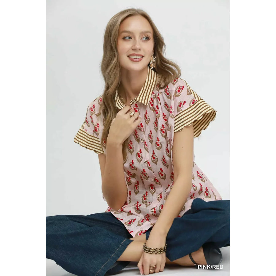 Umgee Block Print Button-Front Shirt with Contrast Stripe Point Collar Apparel and Accessories