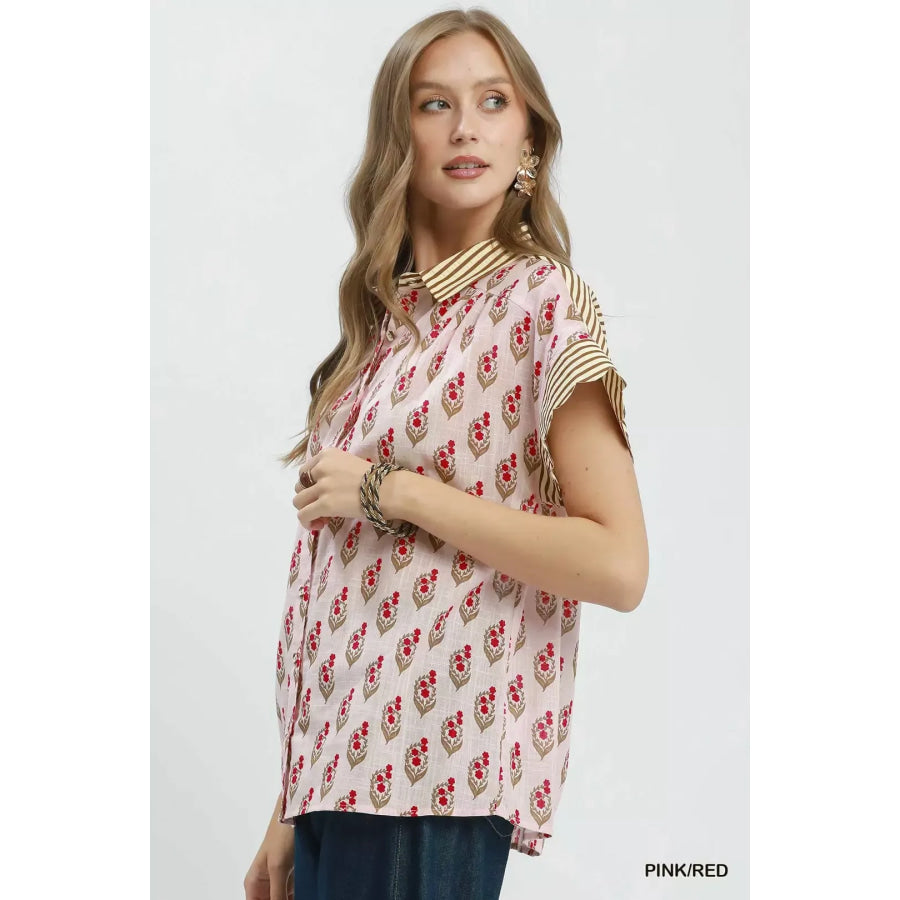 Umgee Block Print Button-Front Shirt with Contrast Stripe Point Collar PINK / RED / S Apparel and Accessories