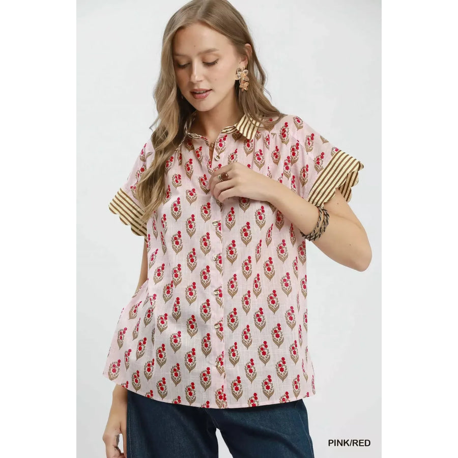 Umgee Block Print Button-Front Shirt with Contrast Stripe Point Collar PINK / RED / S Apparel and Accessories