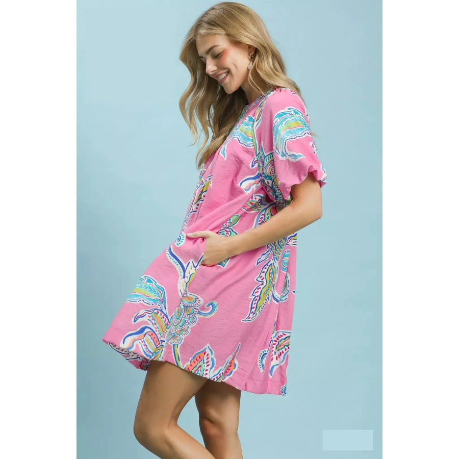 Umgee Boho Floral Print Mini Dress with Pockets PEONY / S Apparel and Accessories