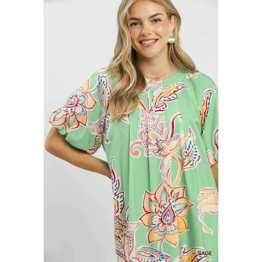 Umgee Boho Floral Print Mini Dress with Pockets Apparel and Accessories