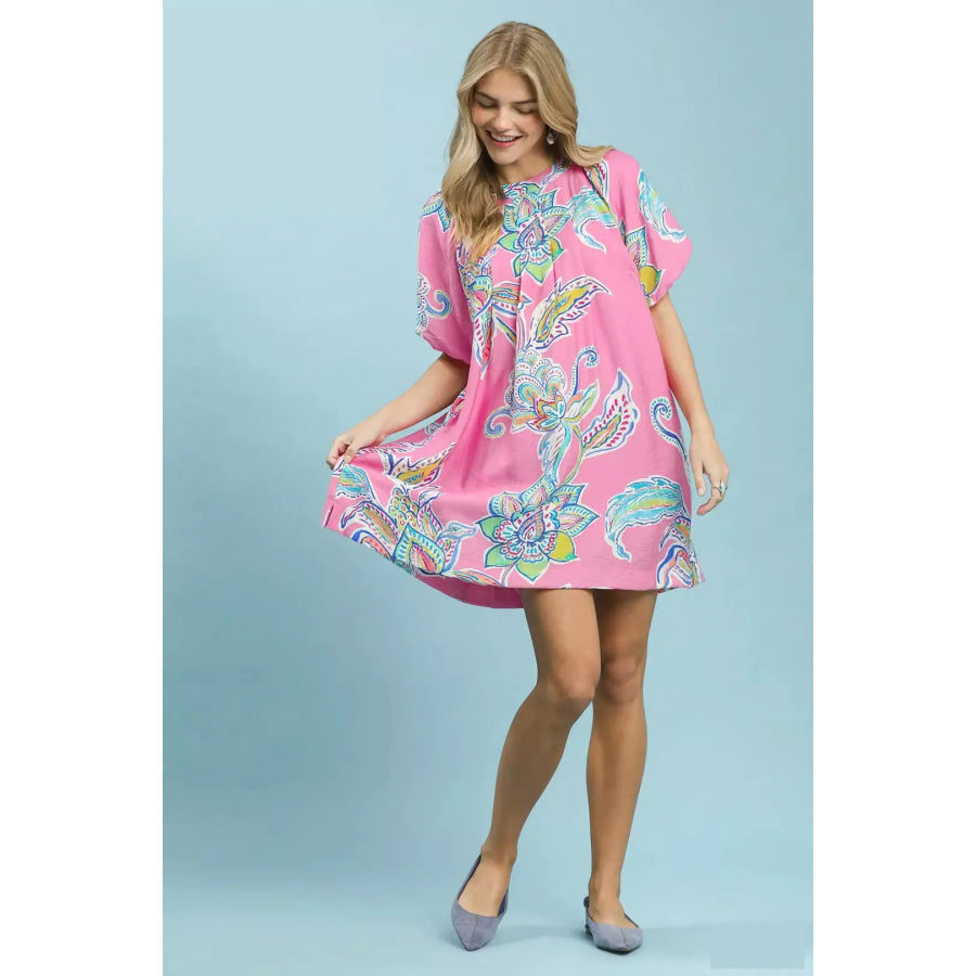 Umgee Boho Floral Print Mini Dress with Pockets Apparel and Accessories