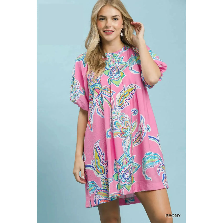 Umgee Boho Floral Print Mini Dress with Pockets PEONY / S Apparel and Accessories
