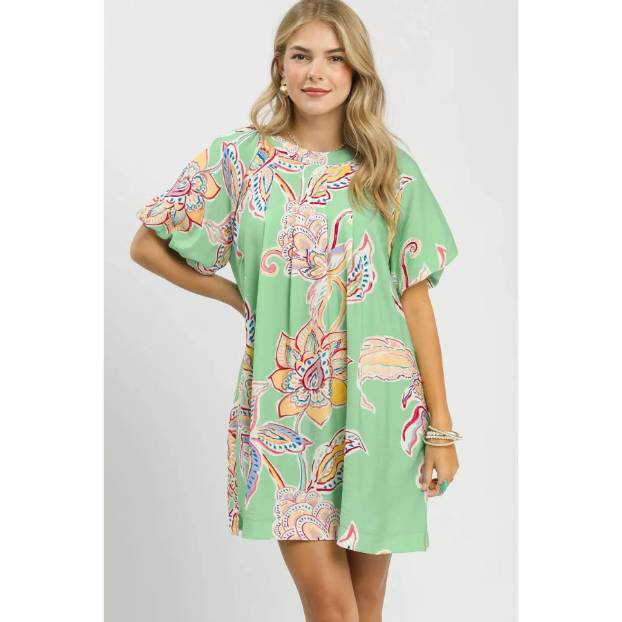 Umgee Boho Floral Print Mini Dress with Pockets SAGE / S Apparel and Accessories