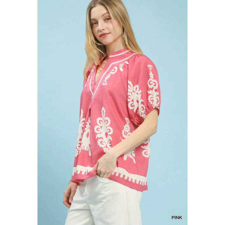 Umgee Boho Print Split-Neck Short Sleeve Top PINK / S Apparel and Accessories