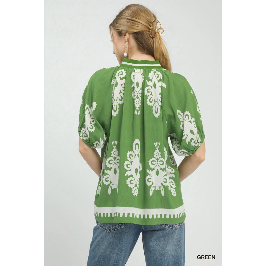 Umgee Boho Print Split-Neck Short Sleeve Top Apparel and Accessories