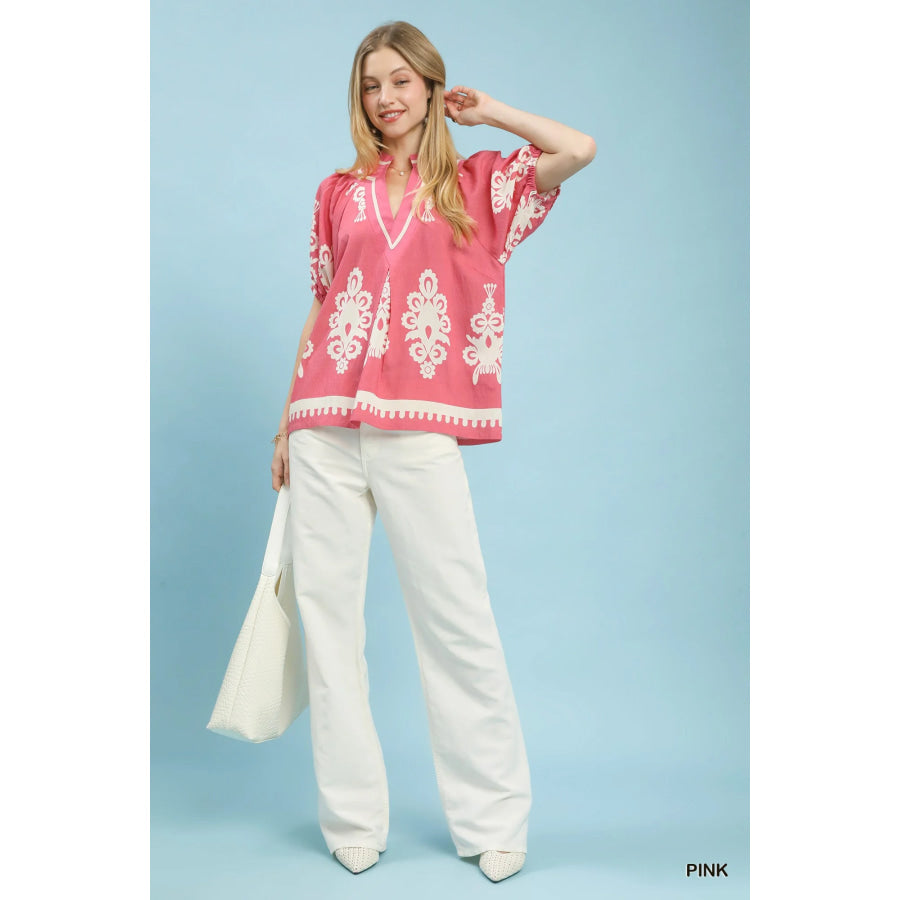 Umgee Boho Print Split-Neck Short Sleeve Top Apparel and Accessories