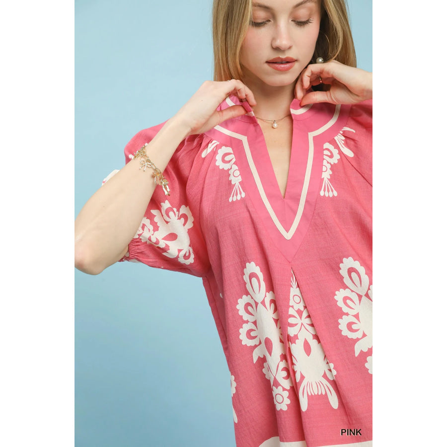 Umgee Boho Print Split-Neck Short Sleeve Top Apparel and Accessories