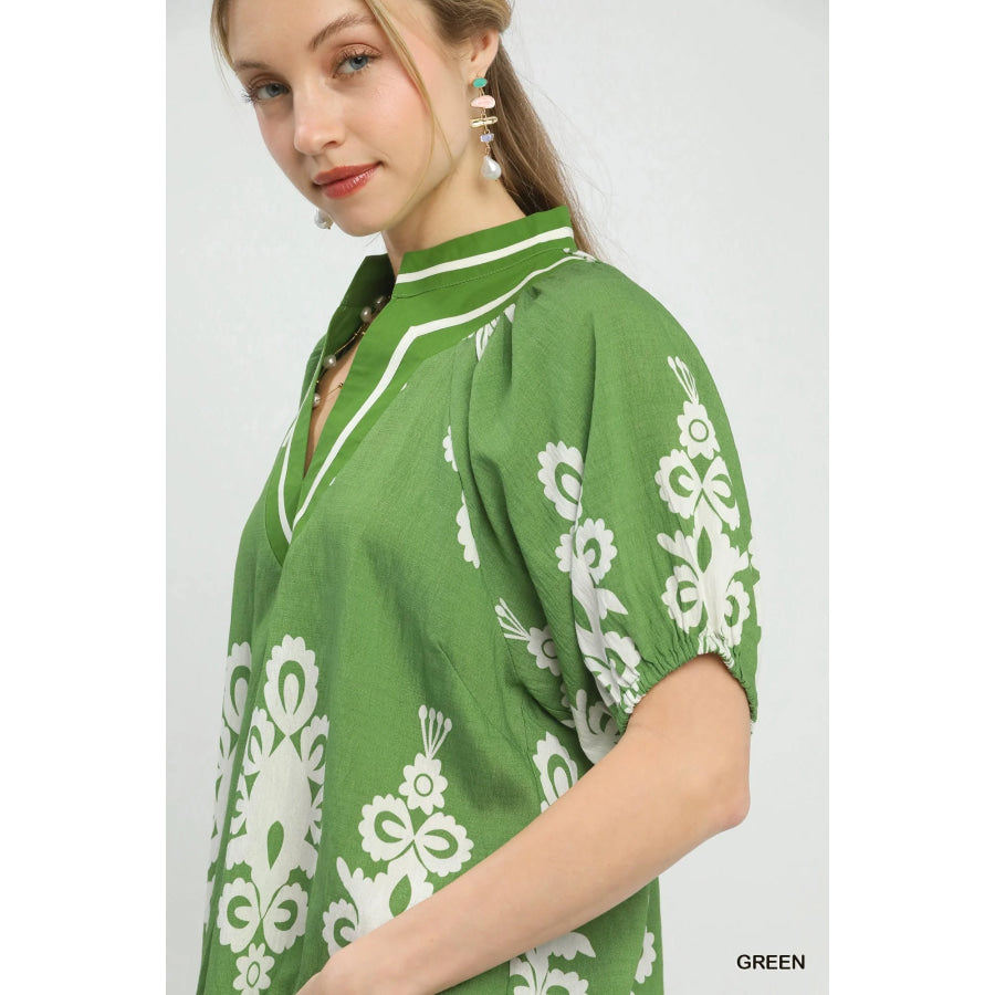 Umgee Boho Print Split-Neck Short Sleeve Top Apparel and Accessories