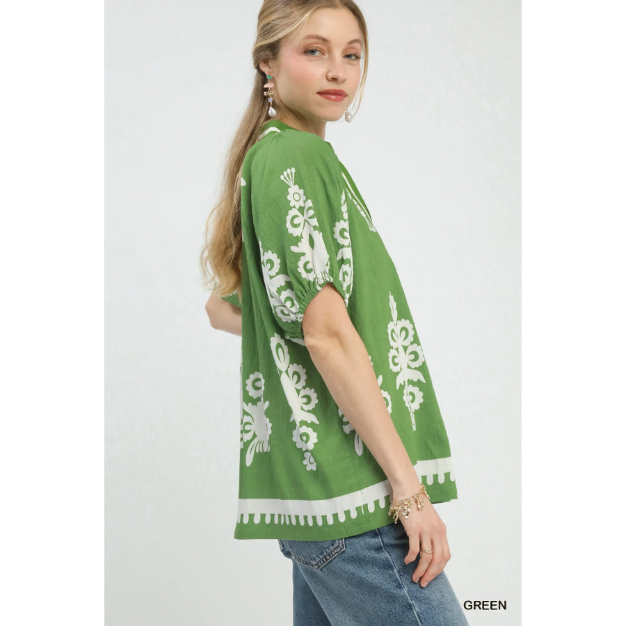 Umgee Boho Print Split-Neck Short Sleeve Top GREEN / S Apparel and Accessories