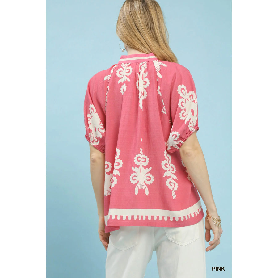 Umgee Boho Print Split-Neck Short Sleeve Top Apparel and Accessories