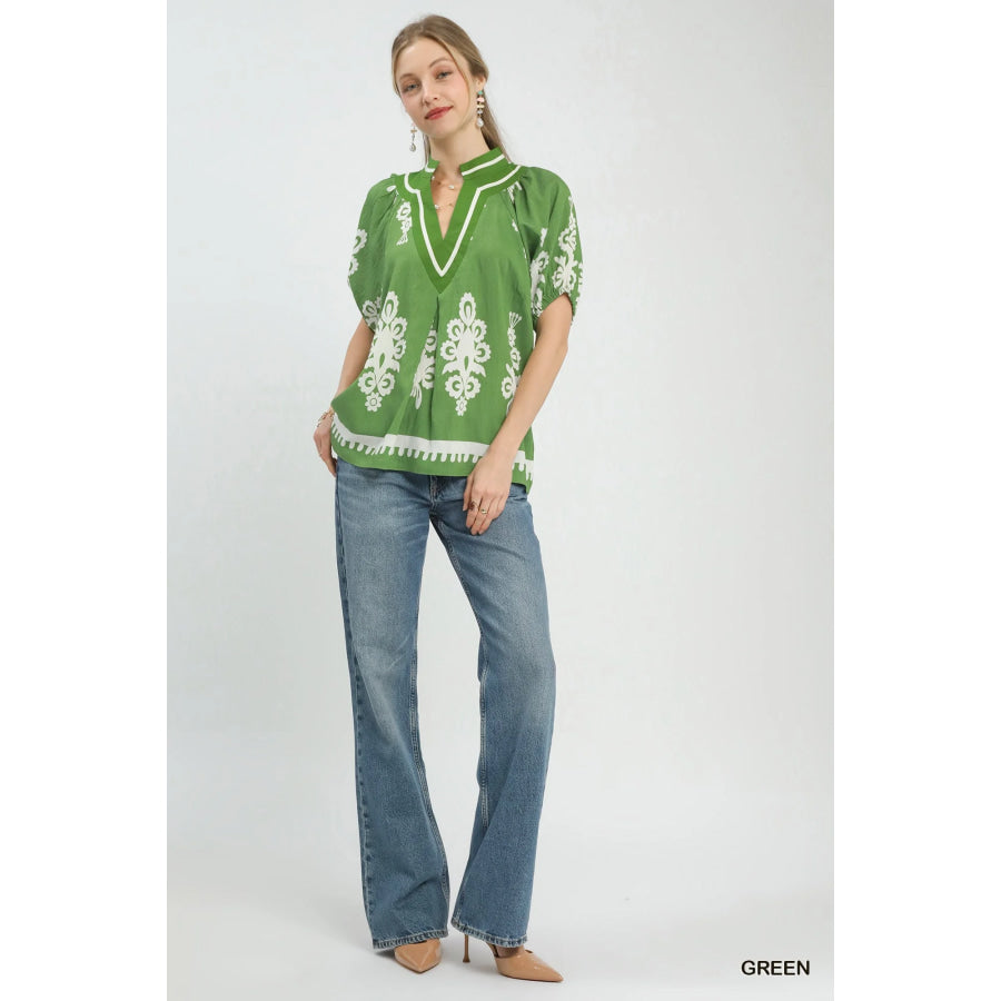 Umgee Boho Print Split-Neck Short Sleeve Top Apparel and Accessories